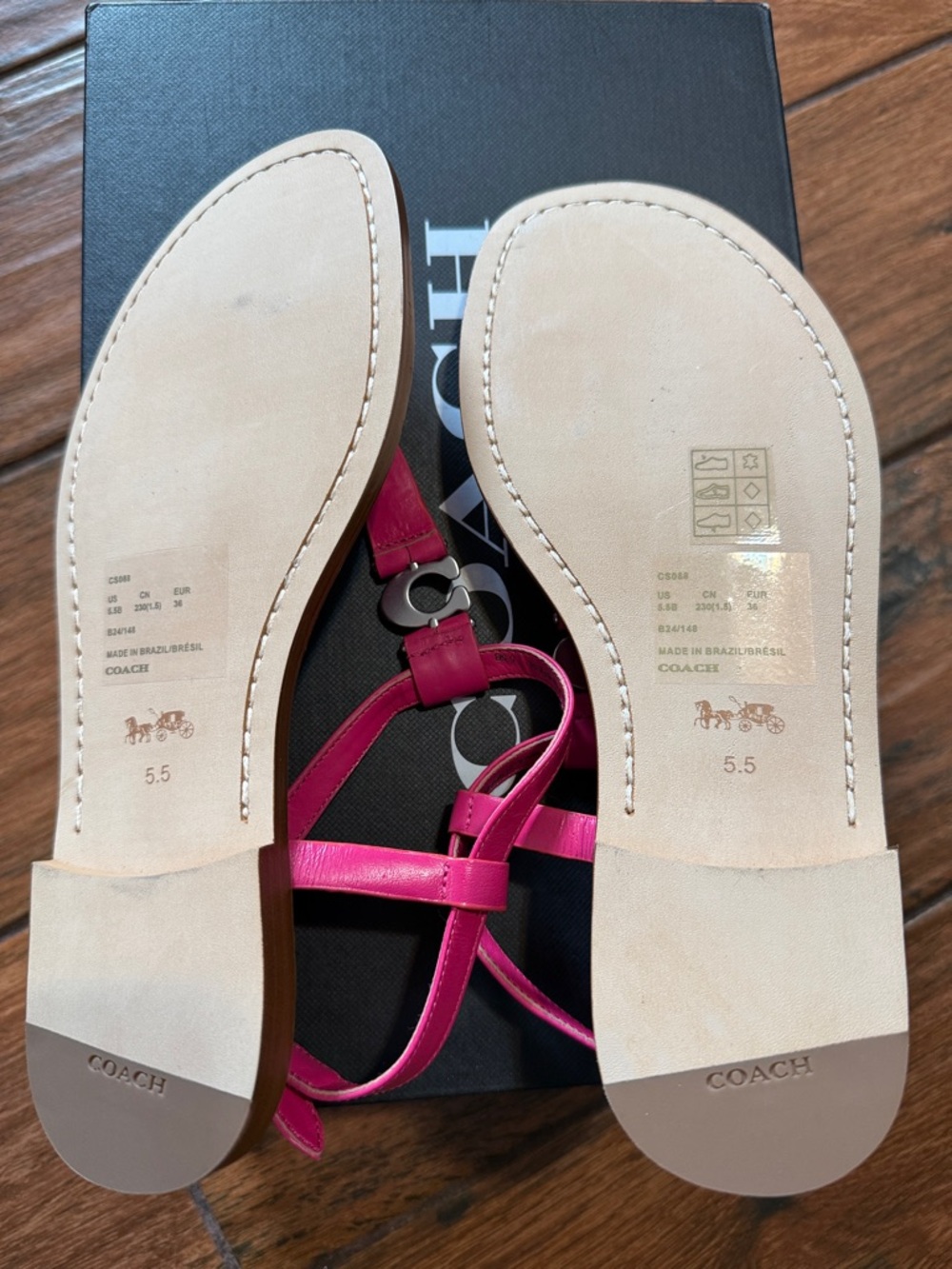 Coach Hot Pink Leather T-Strap Sandals with Signature 'C' Accent - Picture 2 of 6